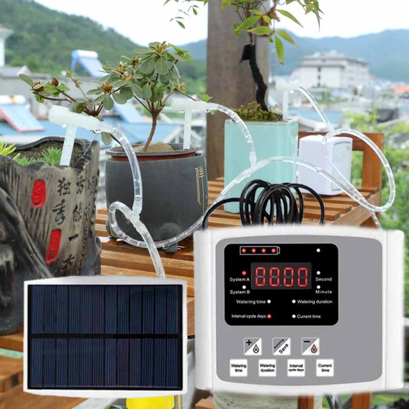 Solar Drip Irrigation Kit Garden - อุปกรณ์รดน้ำหยดพลังงานแสงอาทิตย์อัตโนมัติ ปั๊มคู่ วาล์วปรับได้ ระบบตั้งเวลาควบคุมอัจฉริยะ สำหรับรดน้ำสวน