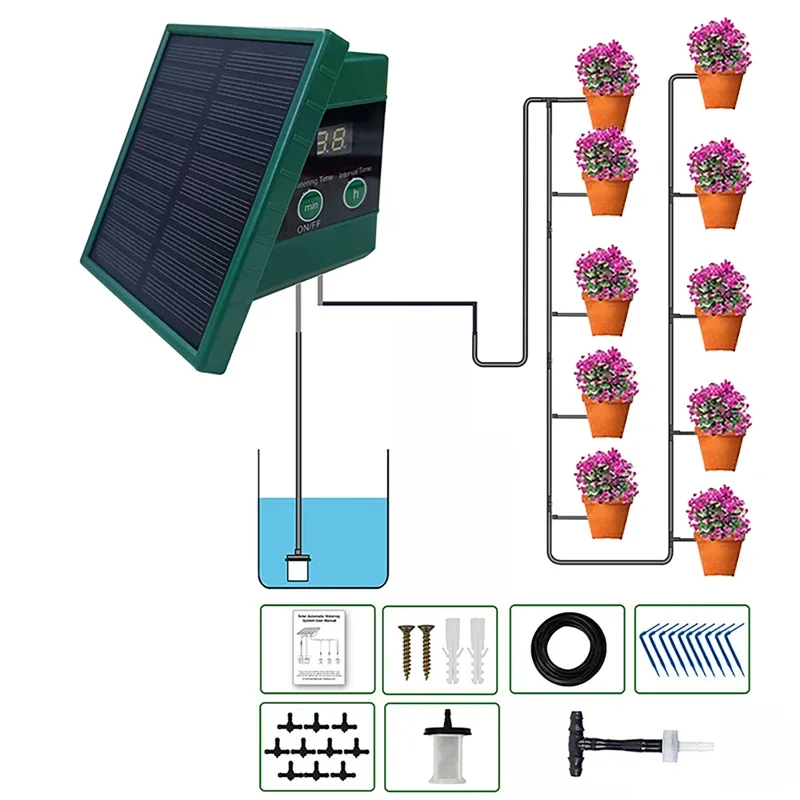Solar Drip Irrigation Kit Garden - ระบบชลประทานพลังงานแสงอาทิตย์ตั้งเวลาอัตโนมัติหยดชลประทานอุปกรณ์สําหรับสวนระเบียงพืชกระถาง DIY รดน้ําอัตโนมัติชุด