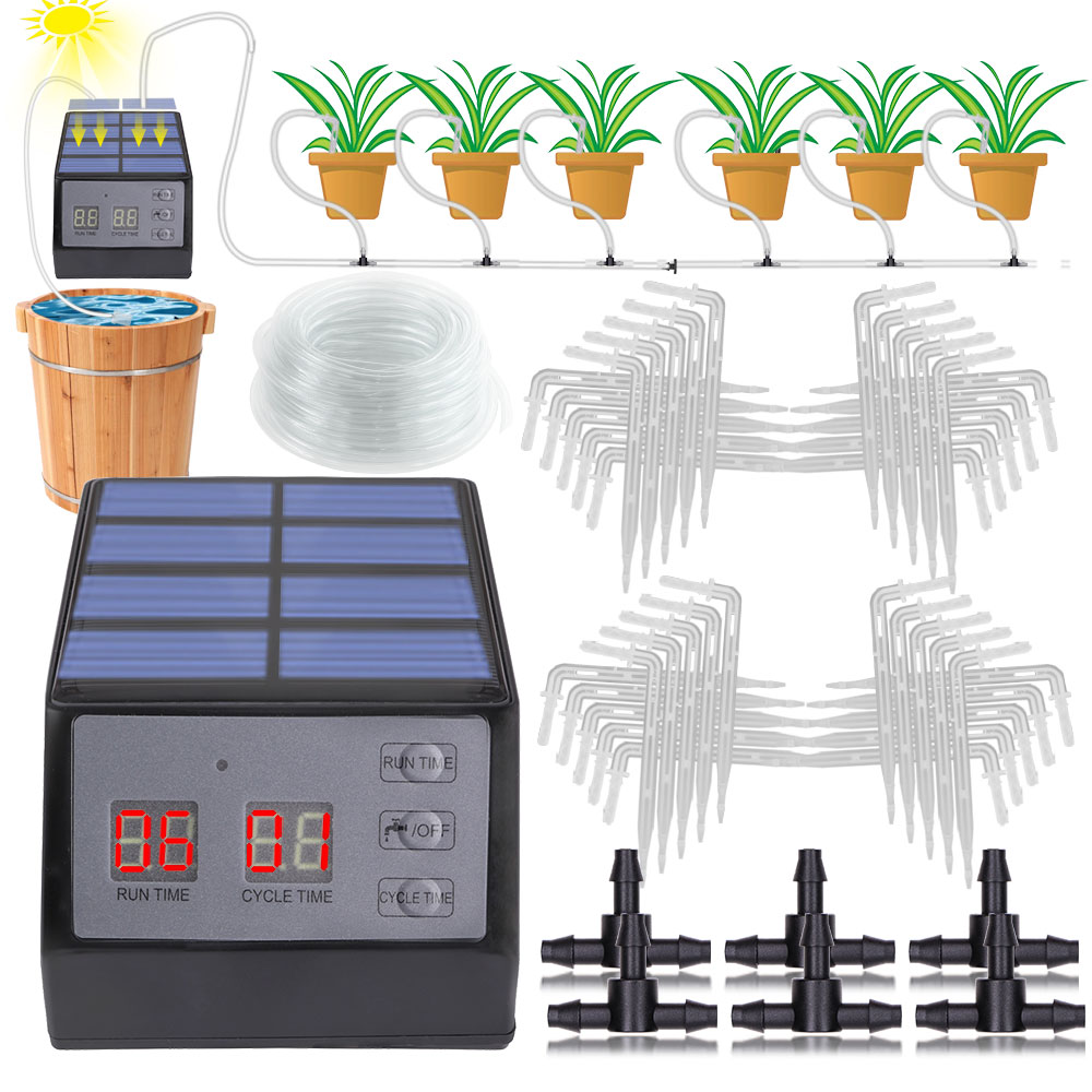 Solar Drip Irrigation Kit Garden - เครื่องตั้งเวลาพลังงานแสงอาทิตย์แบบหยดอัตโนมัติอุปกรณ์ให้น้ำแบบหยดอัตโนมัติสำหรับพืชสวนระบบรดน้ำบอนไซ1/4 