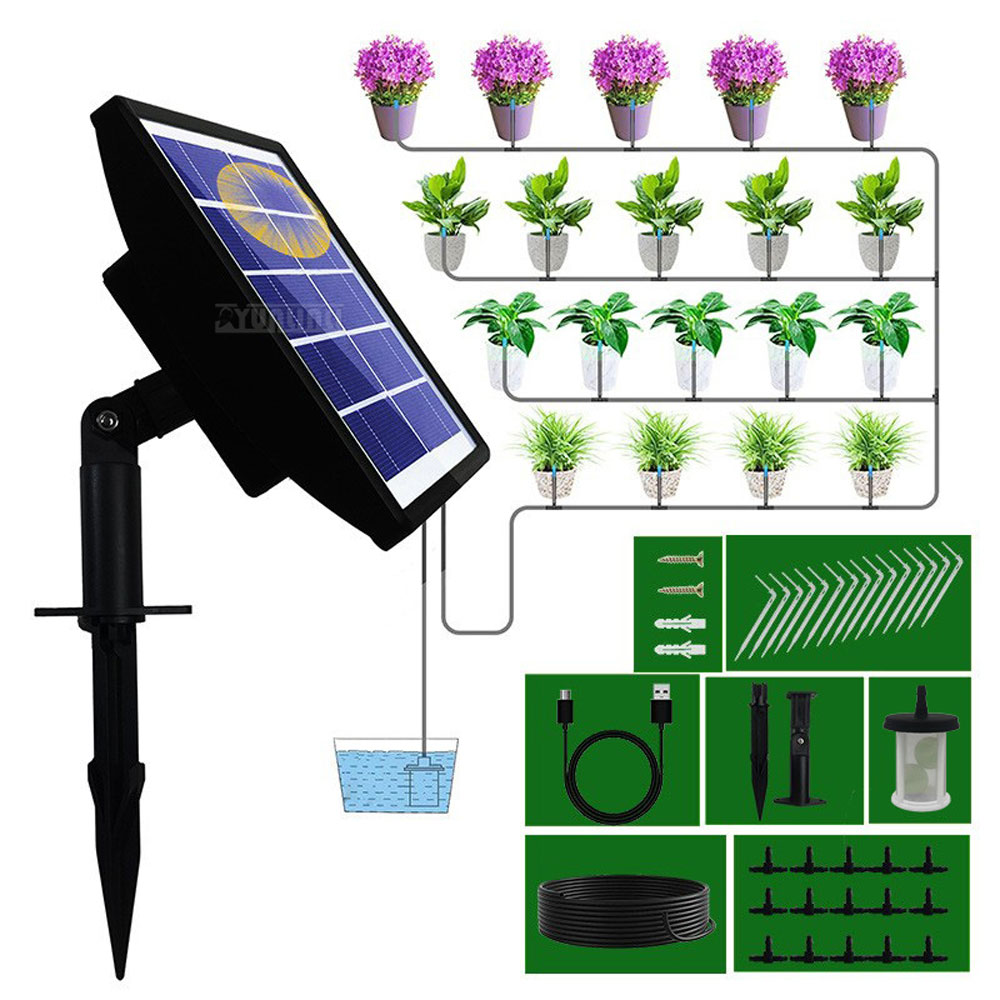 Solar Drip Irrigation Kit Garden - ชุดไมโครสเปรย์, ระบบรดน้ำอัตโนมัติพลังงานแสงอาทิตย์—อุปกรณ์รดน้ำอัจฉริยะพร้อมตั้งเวลา: ระบบระบายน้ำหยด, หัวฉีดน้ำตั้งเวลาสำหรับสวน